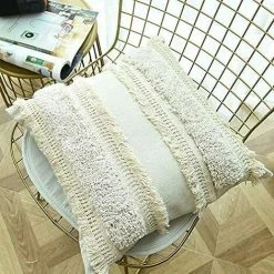 BEARSU Housse De Coussin Tissée à Franges Style Bohème -Blanc/Gris, Coton, Largeur , 45x 45 Centimeters