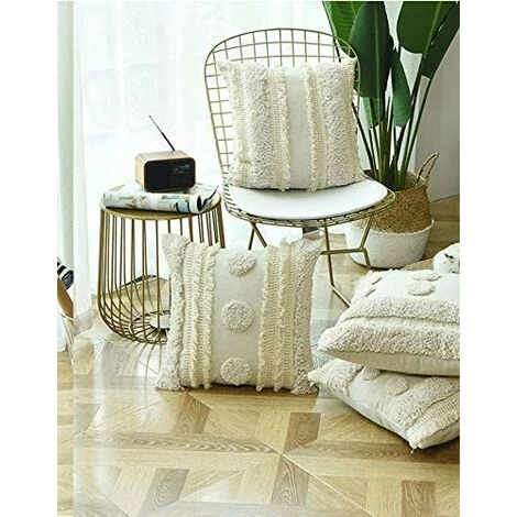 BEARSU Housse De Coussin Tissée à Franges Style Bohème -Blanc/Gris, Coton, Largeur , 45x 45 Centimeters 2 BEARSU Housse De Coussin Tissée à Franges Style Bohème -Blanc/Gris, Coton, Largeur , 45x 45 Centimeters – Image 2