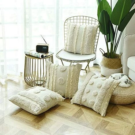 BEARSU Housse De Coussin Tissée à Franges Style Bohème -Blanc/Gris, Coton, Largeur , 45x 45 Centimeters 3 BEARSU Housse De Coussin Tissée à Franges Style Bohème -Blanc/Gris, Coton, Largeur , 45x 45 Centimeters – Image 3