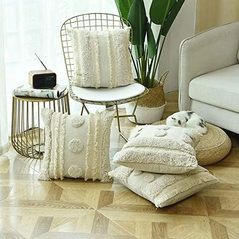 BEARSU Housse De Coussin Tissée à Franges Style Bohème -Blanc/Gris, Coton, Largeur , 45x 45 Centimeters 5 BEARSU Housse De Coussin Tissée à Franges Style Bohème -Blanc/Gris, Coton, Largeur , 45x 45 Centimeters – Image 5