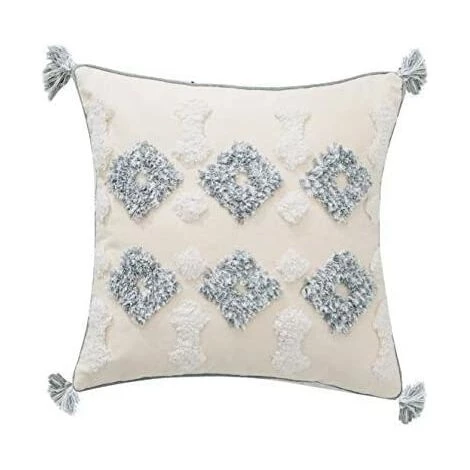 BEARSU Housse De Coussin Tissée à Franges Style Bohème -Blanc/Gris, Coton, Diamant.45x45cm 1 BEARSU Housse De Coussin Tissée à Franges Style Bohème -Blanc/Gris, Coton, Diamant.45x45cm