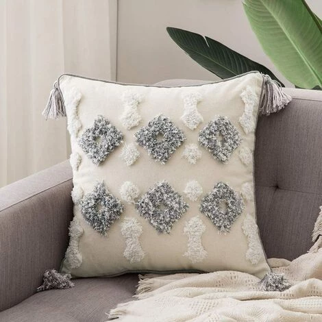 BEARSU Housse De Coussin Tissée à Franges Style Bohème -Blanc/Gris, Coton, Diamant.45x45cm 2 BEARSU Housse De Coussin Tissée à Franges Style Bohème -Blanc/Gris, Coton, Diamant.45x45cm – Image 2
