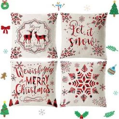 PERLE RARE Coussin De Noël, 4pcs Taie D'oreiller En Lin, Taie D'oreiller, Taie Oreiller Noël, Modèle D'élan Et De Flocon De Neige, Christmas Pillow Covers, Pour Décoration De Noël