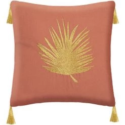 Atmosphera - Housse De Coussin Feuille Brodée Or & Pompons 40 X 40 Cm - Terracota
