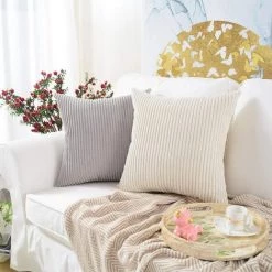 BRIDAY Lot De 2, Housse De Coussin Carré Décoratif En Velours Côtelé, Housses De Coussin, Taie D'oreiller, Décorations Pour La Maison, Canapé-lit, Chaise 18x18 Pouces/45x45 Cm (crème Rayé) -France Coussin et housse de coussin Soldes Boutique 43987556 4