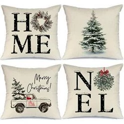SUN FLOWER 4 Décorations De Noël Taies D'oreiller 18x18 Maison Noel Camion Arbre De Noël Rustique Vacances D'hiver Coussins Ferme Décor De Noël Pour La Maison Housses De Coussin De Noël Pour Canapé