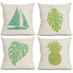 Aquarelle Rétro Feuilles Tropicales Oreiller Coussin Canapé Oreiller Dossier De Voiture Taie D'oreiller En Lin (noyau D'oreiller Non Inclus), 45*45cm,HANBING