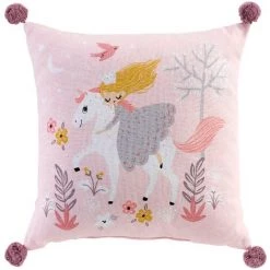 HOMEMAISON Coussin Imprimé Licorne Dans Les Bois Rose 40 X 40 Cm - Rose