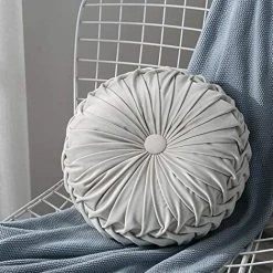 ELLE Coussin Rond, Coussin Décoratif Velours Coussin Plissé En Citrouille 35cm Tatami Coussin De Sol Rond Pour La Maison Jardin Extérieur Décor De Patio Voiture(Gris Clair)