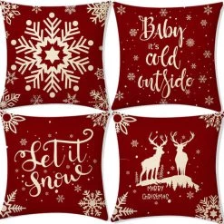 GroupM Taie D'oreiller En Lin De Noël, Série Flocon De Neige Renne, Décoration De Canapé à La Maison (ensemble De 4 Pièces, 45*45cm, 4+5+6+8 45*45cm)