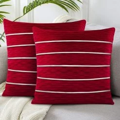 Housses De Coussin En Velours Coussins De Canapé Décoratifs Carrés à Rayures Douces Et Confortables Taies D'oreiller Avec Fermeture à Glissière Invisible 45cm*45cm Fontainebleau Rouge