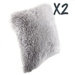 Lot De 2 Coussins Imitation Fourrure Poil Long Gris, 40 X4 0 Cm -PEGANE-