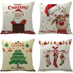 ZHUOXUAN Housses De Coussin De Noël 45x45cm Lot De 4 Pour Décorations De Noël Arbre De Noël Camion Rouge Hot Coco Coussins De Noël Vacances D'hiver Coussins Décor De Ferme De Noël Pour Canapé