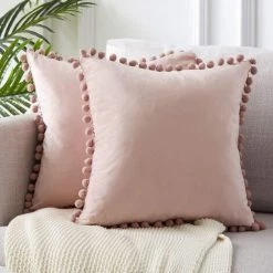 ZHUOXUAN Housses De Coussin Lombaire Avec Pompons Particules Douces Velours Solide Housses De Coussin 45 X 45 Cm Pour Canapé Canapé Chambre Voiture, Lot De 2, Rose Poudré