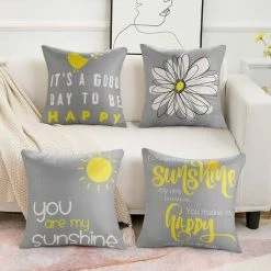 LITZEE Housse De Coussin 4 Pièces De Coton Lin Jaune Et Gris Coussin Taie D'oreiller Avec Fleur Abstraite Motifs Imprimés 45 X 45 Cm Souple Taie D'oreiller Carré Pour Canapé Lits Chaises Voiture Salon (pas De Noyau D'oreiller) -France Coussin et housse de coussin Soldes Boutique 51554072 5