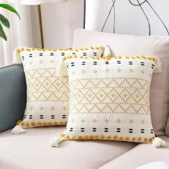 LITZEE Lot De 2 Housse De Coussin Moderne Boheme Tissée En Coton Taie D'oreiller à Motif Géométrique Décoration Pour Salon Canapé Chambre Maison 45 X 45 Cm, Jaune Et Blanc (pas De Noyau D'oreiller)