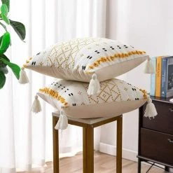 LITZEE Lot De 2 Housse De Coussin Moderne Boheme Tissée En Coton Taie D'oreiller à Motif Géométrique Décoration Pour Salon Canapé Chambre Maison 45 X 45 Cm, Jaune Et Blanc (pas De Noyau D'oreiller) -France Coussin et housse de coussin Soldes Boutique 51554440 3