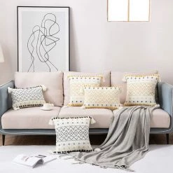 LITZEE Lot De 2 Housse De Coussin Moderne Boheme Tissée En Coton Taie D'oreiller à Motif Géométrique Décoration Pour Salon Canapé Chambre Maison 45 X 45 Cm, Jaune Et Blanc (pas De Noyau D'oreiller) -France Coussin et housse de coussin Soldes Boutique 51554440 4