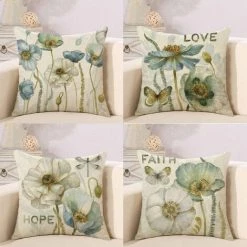 LITZEE Housse De Coussin Lot De 4 Taie D'oreiller En Lin Fleur Bleue Et Blanche Libellule Papillon Décoration Taie D'oreiller 45x45cm Canapé Chambre Lit Ferme Jardin Décoration Housse De Coussin (pas De Noyau D'oreiller)