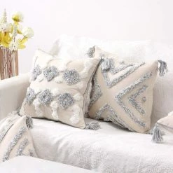 Housse De Coussin Triomphe 45x45 Geometrique Coton Decoration Taie Oreiller Carre Boho Avec Frange 2pcs Cushion Cover Pour Maison Canape Salon Chambre Lit Bureau Voiture - Gris -France Coussin et housse de coussin Soldes Boutique 53346417 5