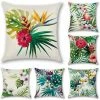 ALMI Housse De Coussin Lot De 6 Set Polyester Et Lin Décoratif Taie D'oreiller Canapé Voiture Maison Décor Housses De Coussin 45 X 45 Cm (Flamant Rose Avec Fleur Tropicale)