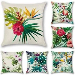 ALMI Housse De Coussin Lot De 6 Set Polyester Et Lin Décoratif Taie D'oreiller Canapé Voiture Maison Décor Housses De Coussin 45 X 45 Cm (Flamant Rose Avec Fleur Tropicale)