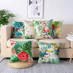 ALMI Housse De Coussin Lot De 6 Set Polyester Et Lin Décoratif Taie D'oreiller Canapé Voiture Maison Décor Housses De Coussin 45 X 45 Cm (Flamant Rose Avec Fleur Tropicale) -France Coussin et housse de coussin Soldes Boutique 53853877 4