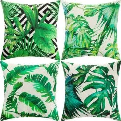 DECKON Housse De Coussin, Housse De Coussin 45 X 45 Taie D'oreiller Lot De 4 Housses De Coussin Décoratives Florale Vie Marine Motif De Plantes Tropicales Canapé Chaise Salon (feuille Verte - Velours)