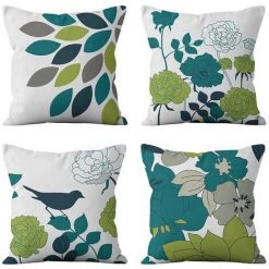 AIDUCHO Extérieur Housse De Coussin, Lot De 4 Imperméable Fleurs Et Oiseaux Bleus Et Verts Motif Canapé Taie D'oreiller Pour Patio Jardin Salon Chambre Décoration, 45x45cm