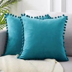 TOPFINEL 2pcs Housses De Coussin Turquoise 30x30cm En Velours Doux Avec Boulettes Décor Canapé Moderne Salon Chambre