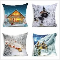 Lot De 4 Housses De Coussin Carré Décoratif-3D Maison De Noël Moderne Simplicité Bleu 45x45cm FUIENKO