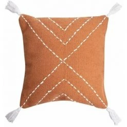 RIDEAUDISCOUNT Housse De Coussin 100% Coton 40 X 40 Cm Déhoussable Motif Brodé Et Pompons Terracotta - Orange