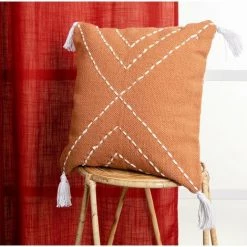 RIDEAUDISCOUNT Housse De Coussin 100% Coton 40 X 40 Cm Déhoussable Motif Brodé Et Pompons Terracotta - Orange -France Coussin et housse de coussin Soldes Boutique 57599870 5