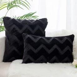 Lot De 2 Housses De Coussins En Laine Artificielle Et Velvet,Douce Peluche Décorative Taie D'oreiller Avec Motif Ondulé, Noir, 30x50CM GrooFoo