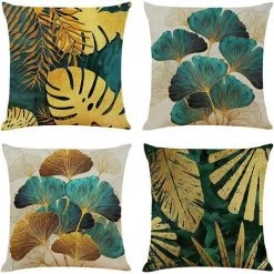 HEGUYEY Lot De 4 Housses De Coussin 45x45 Cm Carrées En Feuilles Vertes Et Dorées Housse Coussins De Canapé En Lin Pour Taies D'oreiller De Canapé Salon