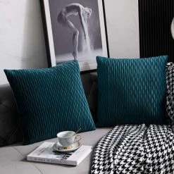 ZOLGINAH 50 Cm X 50 Cm Taies D'oreiller Bleu Sarcelle: Pack De 2 Housses De Coussin Décoratif Carré En Velours Rayé Original Pour Canapé De Chambre