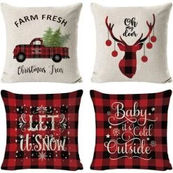 LangRay Décorations De No?l Pillow Covers 4 Pack, Arbre De No?l Flocon De Neige Renne Décor à La Maison Linen Coussins Taie D'oreiller Xmas Holiday Farmhouse Accueil Chambre Coussin Décoratif, 17,7 Pouces