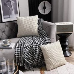 LangRay Housses De Coussin De Canapé Blanc Ivoire: 2 Pack 45cmx45cm Taies D'oreiller Carrées En Velours Rayé D'origine Pour La Décoration De La Maison -France Coussin et housse de coussin Soldes Boutique 59918426 3