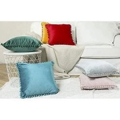 LangRay 2 Pcs Housse De Coussin En Velours Taie D'oreiller Decorative Taie D'oreiller Boule De Fourrure De Couleur Pure Super Doux Maison Salon Chambre Pour Canapé Taie D'oreiller (Paon Bleu) -France Coussin et housse de coussin Soldes Boutique 59918446 3