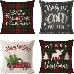 Lot De 4 Housse De Coussin Taie D'oreiller Carré Imprimé Père Noël Bonhomme De Neige Renne Pour Chambre Salon Lit Canapé Voiture (Modele B) GROOFOO