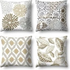 STARLIGHT SL.GT 4 Pcs Dorées Plante Feuilles Géométrique Imprimé Taies D'oreiller Lin Canapé Housse De Coussin DéCor à La Maison 45X45 Cm