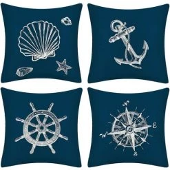 BARES Housse De Coussin Méditerranéen Artiste Cactus Plante Motif Taie D'oreiller Pour Canapé Maison Salon Chambre Décoration D'intérieur, 45x45cm, Ensemble De 4 Pièces(Ancre A)