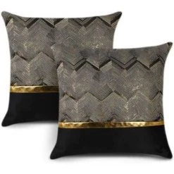 BEARSU Lot De 2 Housses De Coussin Pour Lit, Canapé, Voiture, Décoration De Luxe Moderne Minimaliste En Cuir Doré Avec Coutures Ondulées Et Rayures