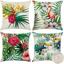 BEARSU Extérieur Housse De Coussin, Lot De 4 Imperméable Plantes Et Fleurs Tropicales Et Oiseaux Motif Canapé Taie D'oreiller Pour Patio Jardin Salon Chambre Décoration, 45x45cm