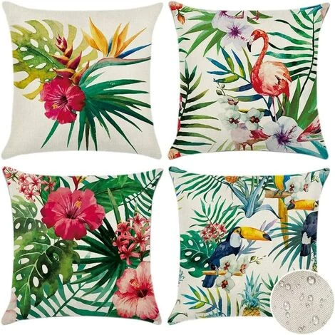 BEARSU Extérieur Housse De Coussin, Lot De 4 Imperméable Plantes Et Fleurs Tropicales Et Oiseaux Motif Canapé Taie D'oreiller Pour Patio Jardin Salon Chambre Décoration, 45x45cm 1 BEARSU Extérieur Housse De Coussin, Lot De 4 Imperméable Plantes Et Fleurs Tropicales Et Oiseaux Motif Canapé Taie D'oreiller Pour Patio Jardin Salon Chambre Décoration, 45x45cm