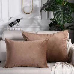 LITZEE Housse De Coussin, Lot De 2, Housses De Coussin Décoratives Carrées En Velours Doux Solide, Housses De Coussin Euro Pour Ferme, Canapé, Intérieur Et Extérieur, 30 X 50 Cm,Marron