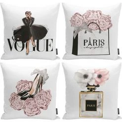 ROSIER Lot De 4 Housses De Coussin Tendance Pour Femme - Décoration De Chambre De Fille - Fleurs Roses - Art Moderne - Parfum - Sacs à Main - Talons Hauts - 45,7 X 45,7 Cm——VEBTles