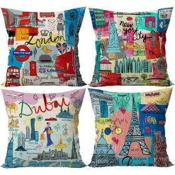 ROSIER Voyager Autour Du Monde Housses De Coussin Coussins Funky Animé Ville Housses Coussin Coton Lin Taie D'oreiller Pour Décoration D'intérieur Canapé Chambre Voiture 45cm×45cm Lot De 4(New York+Londres+Dubaï+Paris)——VEBTles