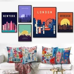 ROSIER Voyager Autour Du Monde Housses De Coussin Coussins Funky Animé Ville Housses Coussin Coton Lin Taie D'oreiller Pour Décoration D'intérieur Canapé Chambre Voiture 45cm×45cm Lot De 4(New York+Londres+Dubaï+Paris)——VEBTles -France Coussin et housse de coussin Soldes Boutique 61662212 3