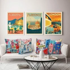 ROSIER Voyager Autour Du Monde Housses De Coussin Coussins Funky Animé Ville Housses Coussin Coton Lin Taie D'oreiller Pour Décoration D'intérieur Canapé Chambre Voiture 45cm×45cm Lot De 4(New York+Londres+Dubaï+Paris)——VEBTles -France Coussin et housse de coussin Soldes Boutique 61662212 4